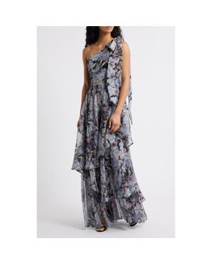 Lulus Amara Floral One-Shoulder Gown - Gray