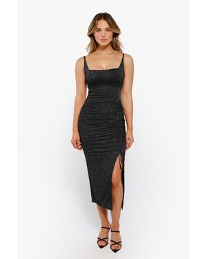 Popilush Shapewear Metallic Knit Bodycon Sculpting Midi Slip Dress - Black