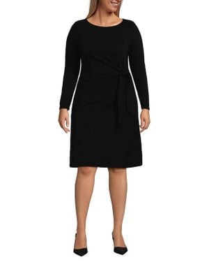 Lands' End Plus Size Boatneck Long Sleeve Tie Waist Dress - Black