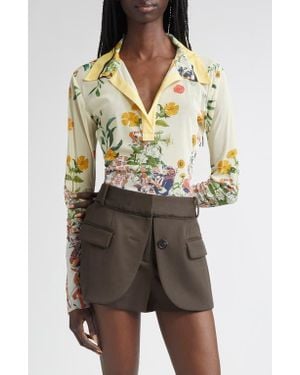 Monse Floral/Football Mesh Long Sleeve Polo - Multicolor