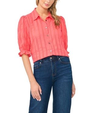 Halogen® Sheer Stripe Puff Sleeve Button-Up Shirt - Red