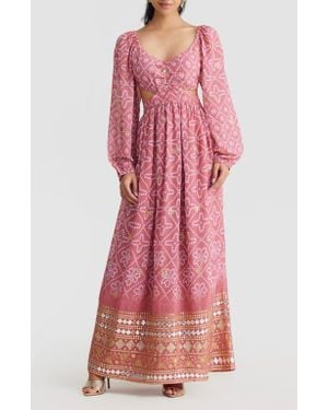 holiCHIC Eden Beaded Bandhani Print Long Sleeve Maxi Dress - Pink
