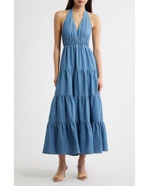 FREEMARKET Tiered Denim Halter Midi Dress - Blue