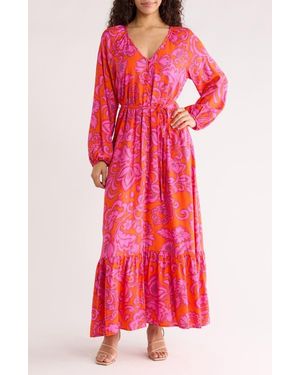 Sugarlips Marinda Floral Larrie Long Sleeve Button Maxi Dress - Red