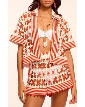 Ramy Brook Betty Crop Open Stitch Cover-Up Shirt - Orange