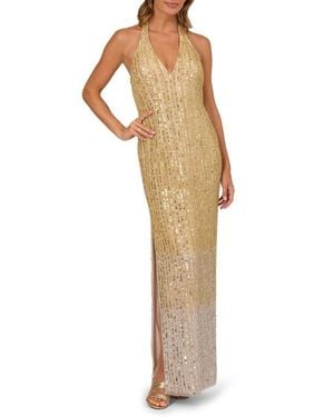 Adrianna Papell Sequin & Bead Ombré Halter Gown - Natural