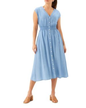 Karen Kane Smocked Waist Button-Up Midi Dress - Blue