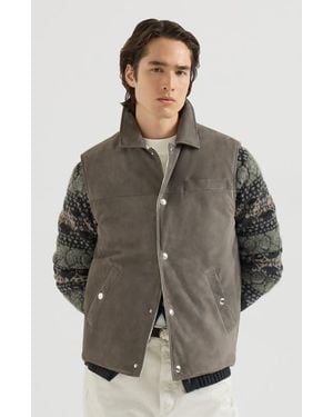 Brunello Cucinelli Suede Down Vest With Shirt-Style Collar - Gray