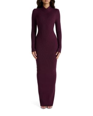 Naked Wardrobe Rib Long Sleeve Body-Con Sweater Dress - Purple