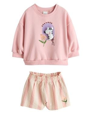 Next Kids' Zebra Sweatshirt & Stripe Shorts Set - Pink