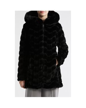 Via Spiga Grooved Faux Fur Hooded Coat - Black