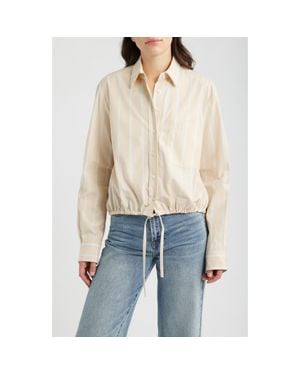 CISSA Long Sleeve Stripe Cinch Button-Up Top - White