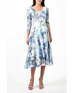 Komarov Watercolor Print Charmuese 3/4 Sleeve Dress - Blue