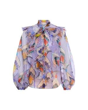 Maison Common Printed Silk Organza Blouse With Flounces Stripes - Multicolor