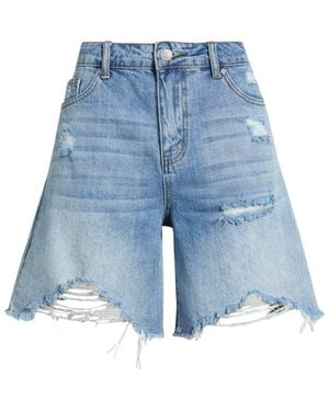 Tractr Distressed High Waist Raw Hem Denim Shorts - Blue