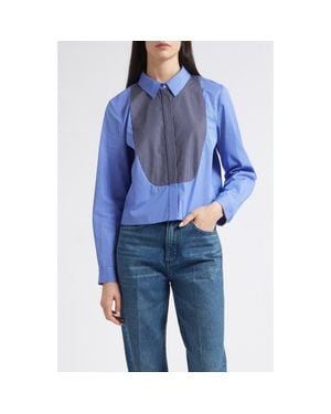 Partow Warren Crop Stripe Bib Cotton Poplin Button-Up Shirt - Blue