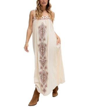 Raffya Sapphire Spaghetti Strap Embroidered Maxi Dress - Natural
