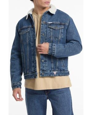 Guess Denim Trucker Jacket With Faux Shearling Collar - Blue