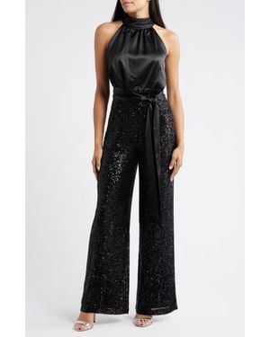Eliza J Mixed Media Satin & Sequin Jumpsuit - Black