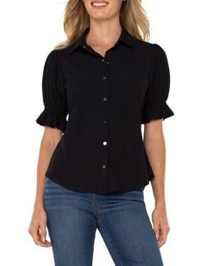 Liverpool Jeans Company Puff Sleeve Knit Snap-Up Shirt - Black