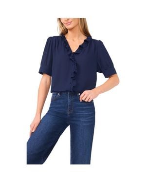 Cece Ruffle Detail Short Sleeve Georgette Button-Up Shirt - Blue