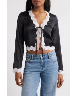 Nasty Gal Lace Trim Tie Front Satin Top - Black
