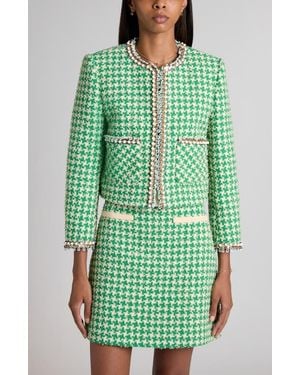 Valentino Beaded Houndstooth Cotton Blend Tweed Jacket - Green