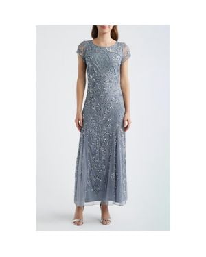 Pisarro Nights Beaded Mesh Midi Cocktail Dress - Blue