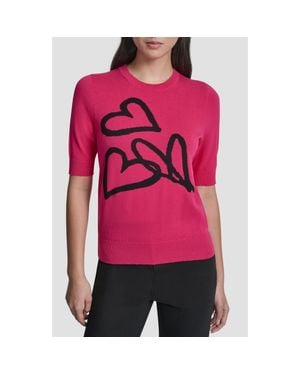 DKNY Graffiti Hearts Cotton Sweater - Pink