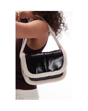 TOPSHOP Faux Shearling Lined Faux Leather Shoulder Bag - Black