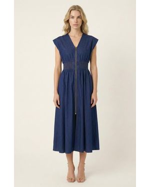 Modenaire Zip Front Sleeveless Denim Midi Dress With Smocked Waist Detail - Blue