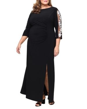 Sl Fashions Embroidered Illusion Sleeve Jersey Gown - Black