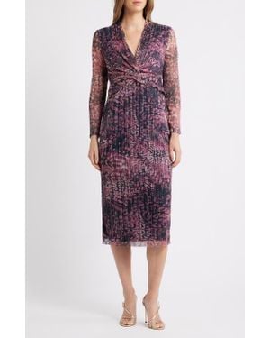 Anne Klein Floral Metallic Stripe Long Sleeve Midi Dress - Red