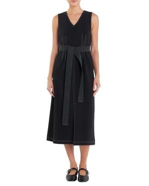 English Factory Stitch Detail Tie Belt Dress - Black