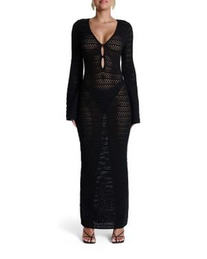 Naked Wardrobe Open Stitch Long Sleeve Maxi Dress - Black