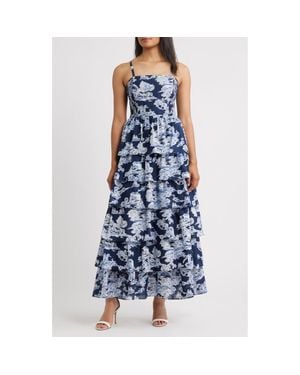 Eliza J Mixed Print Tiered Cotton Maxi Dress - Blue