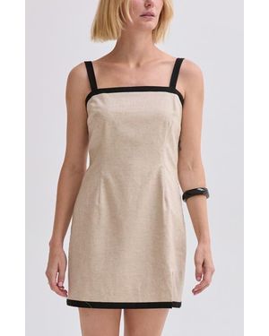 Crescent Contrast Trim Linen Blend Mini Dress - Natural