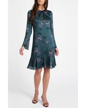 Santorelli Drake Long Sleeve Printed Shift Dress With Ruffled Skirt - Blue