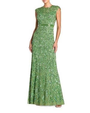 Mac Duggal Embellished Illusion Cap Sleeve Column Gown - Green