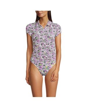 Lands' End Short Sleeve Pique Johnny Collar Upf 50 Rash Guard - Blue