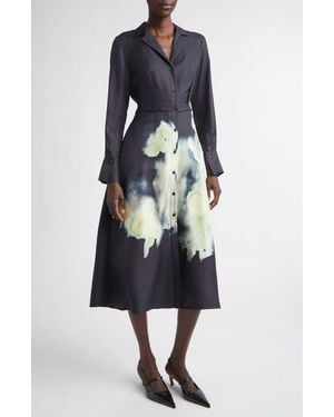 Jason Wu Watercolor Floral Print Long Sleeve Silk Shirtdress - Blue