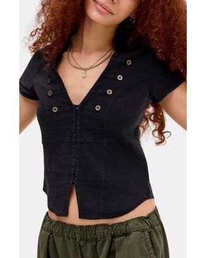 BDG Milo Military Button Trim Linen Blend Crop Top - Black