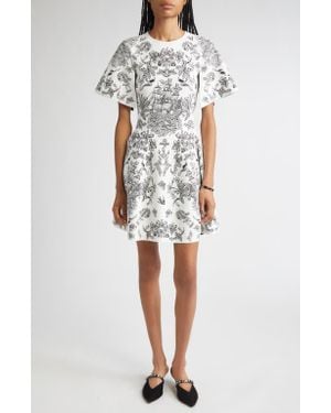 McQueen Sailor Tattoo Jacquard Cape Sleeve Fit & Flare Sweater Dress - White