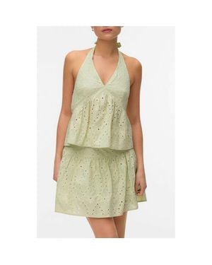 Vero Moda Embroidered Eyelet Halter Neck Babydoll Top - Green