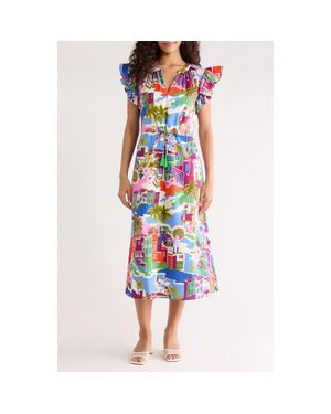 Sugarlips Rumi Town Tiarna Print Flutter Sleeve Tie Waist Midi Dress - Blue