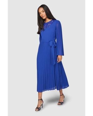 Wallis Pleated Floral Trim Midi Dress - Blue