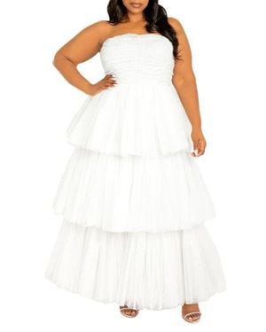 Buxom Couture Metallic Polka Dot Strapless Tiered Tulle Dress - White