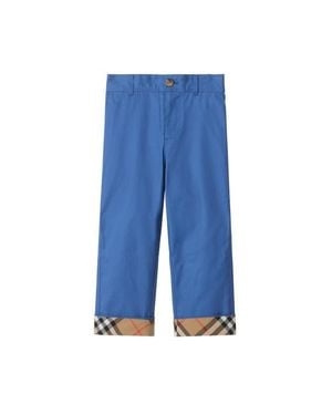 Burberry Check Turn-Up Cotton Pants - Blue