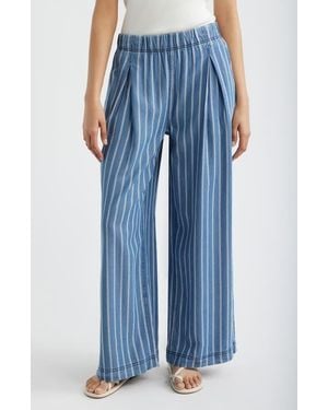 City Blues Pleated Stripe Wide Leg Denim Pants - Blue