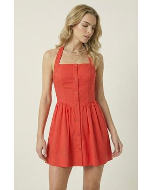 Modenaire Halter Mini Dress With Button Front And Flared Skirt